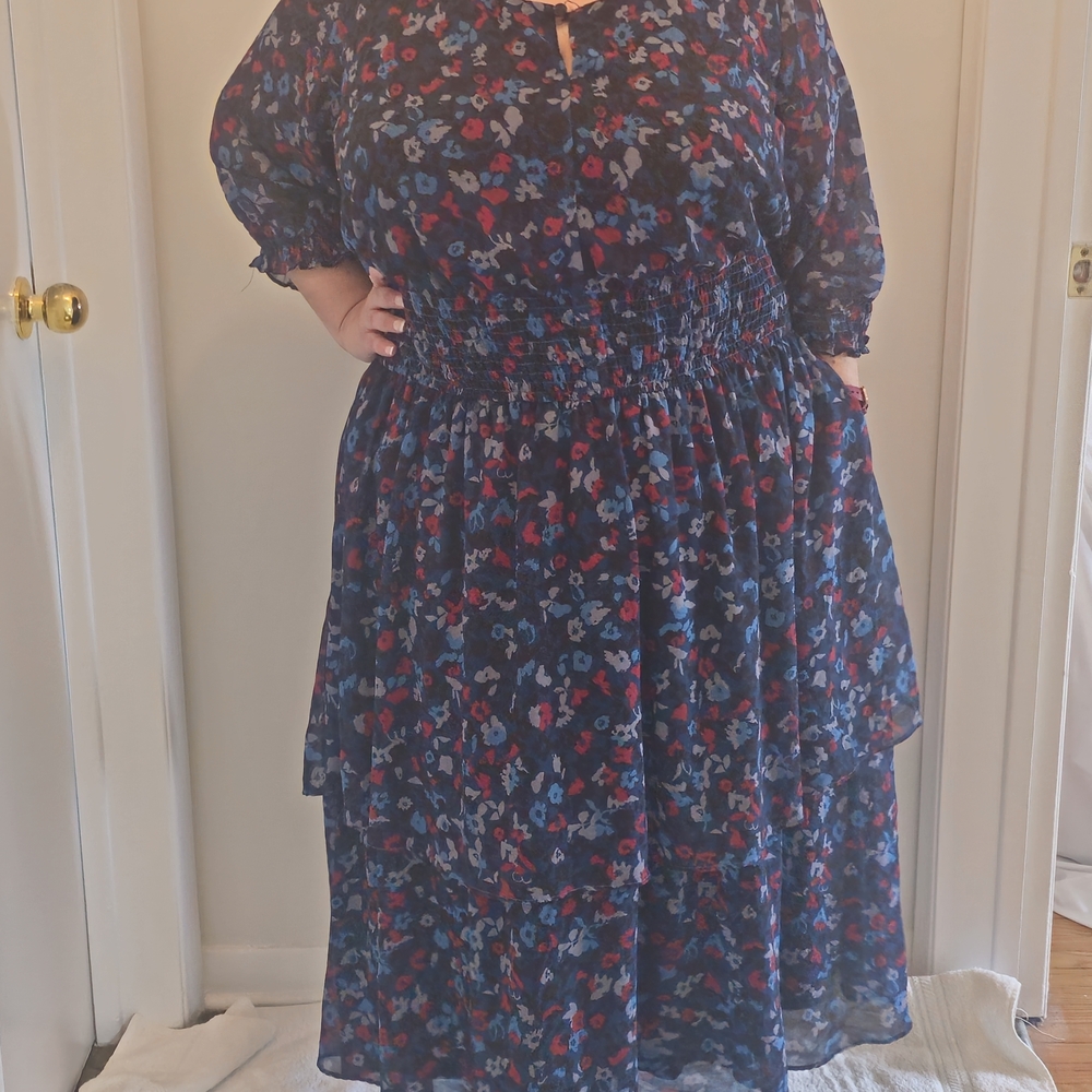 eShakti Navy and Crimson Floral Midi Dress